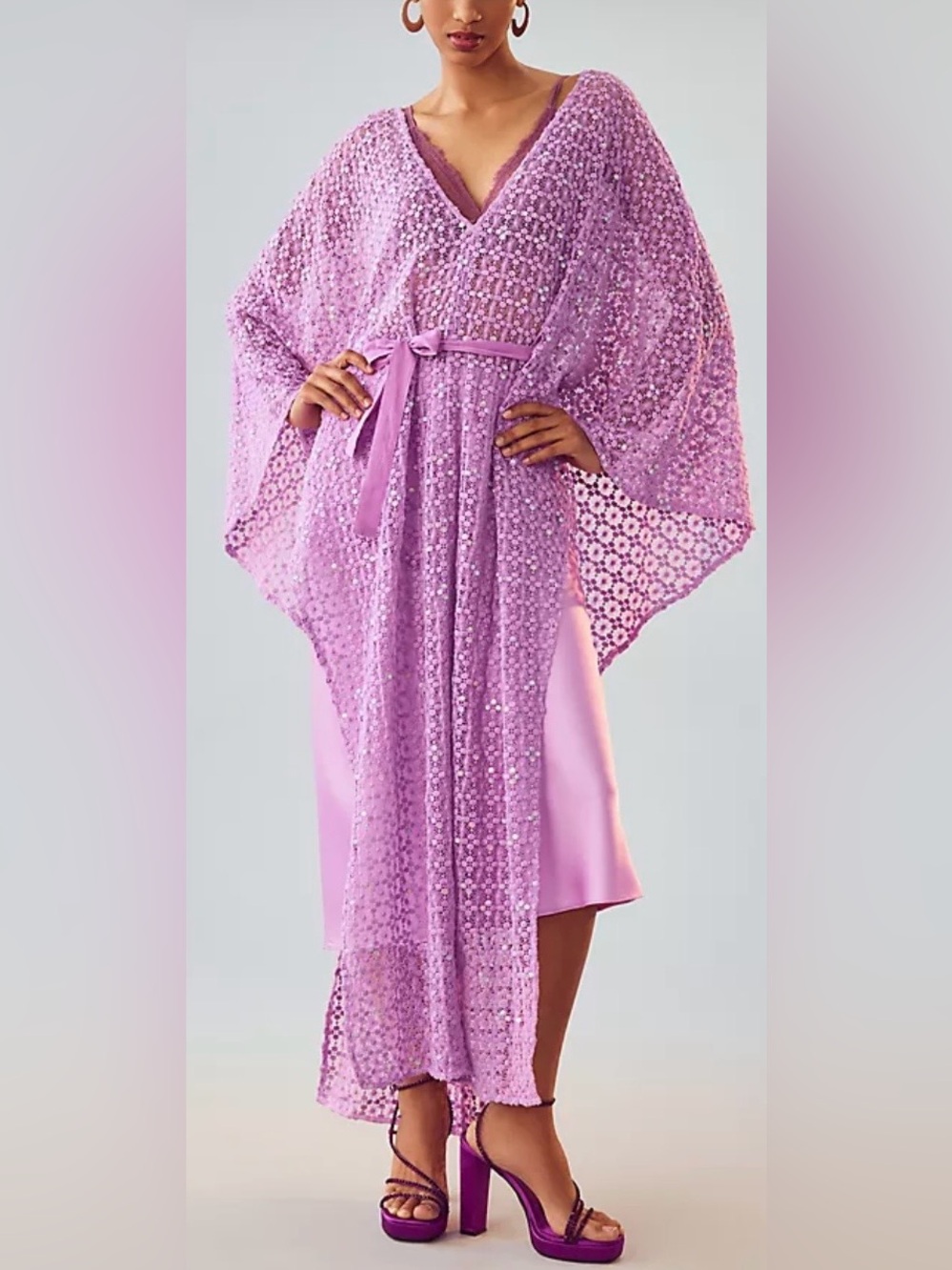 SUNDRESS Helene Crochet Sequins Kaftan Dress Cover Up 2Piece Lavender L/XL NWT